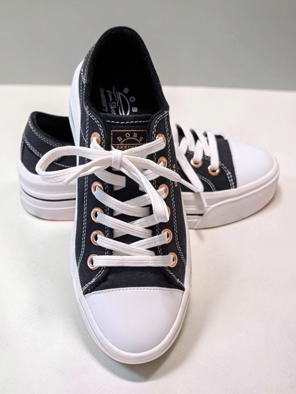 BOBS from Skechers Black and White Canvas Sneakers with Rose Gold Eyelets